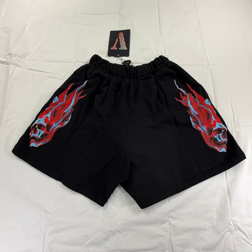 Vlone Red Skully Shorts Black Flame Skull Graphic Cotton Fleece Mens XL NEW
